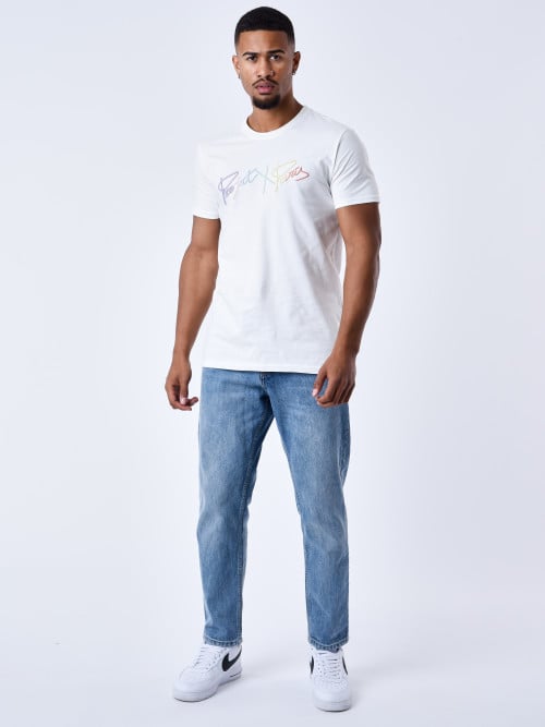 T-shirt básica com o logógênero do arco-íris bordado - Branco