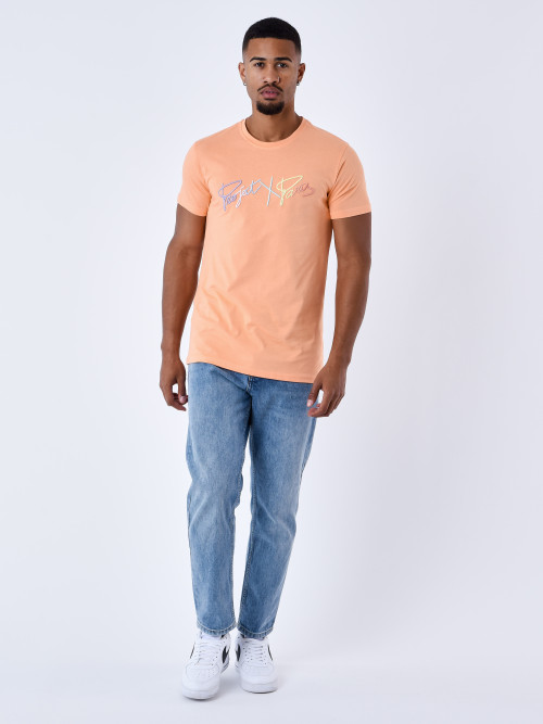 T-shirt basic full logo arc-en-ciel broderie - Pêche