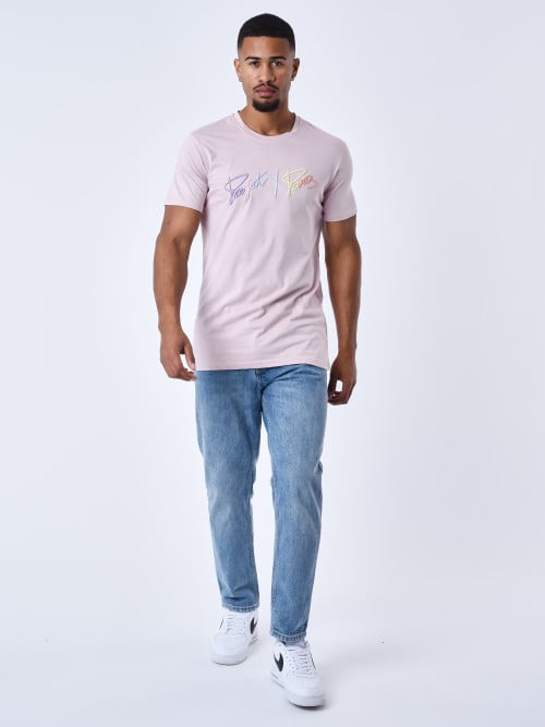 T-shirt básica com o logógênero do arco-íris bordado - Cor-de-rosa claro