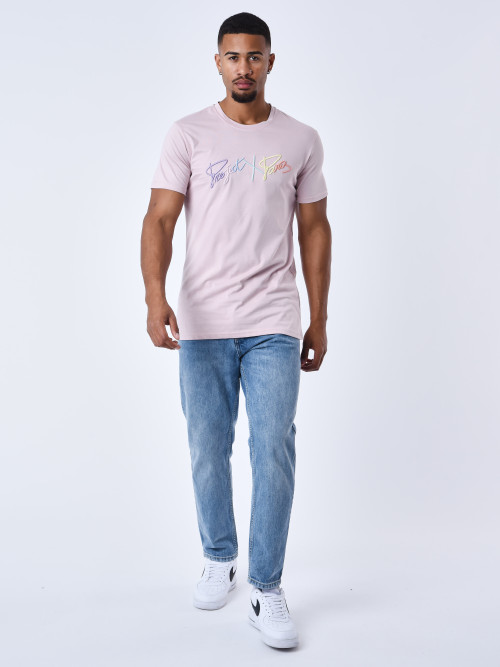T-shirt basic full logo arc-en-ciel broderie - Rose poudré