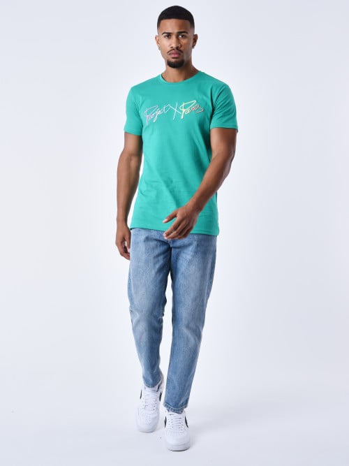 T-shirt básica com o logógênero do arco-íris bordado - Verde