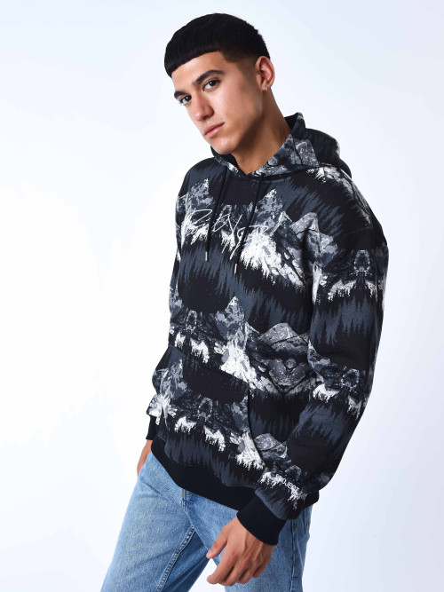 Oversized hoodie with landscape pattern - Black