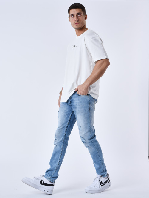Jeans strappati regolari con buchi - Azzurro