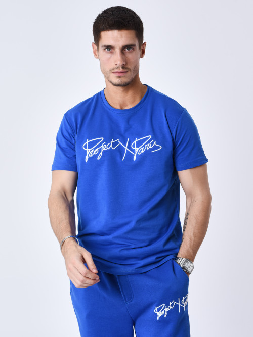 Maglietta basic con ricamo del logo completo - Blu