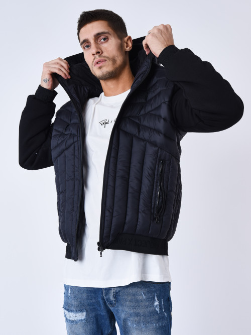 Geometric quilted two-material down jacket - Black