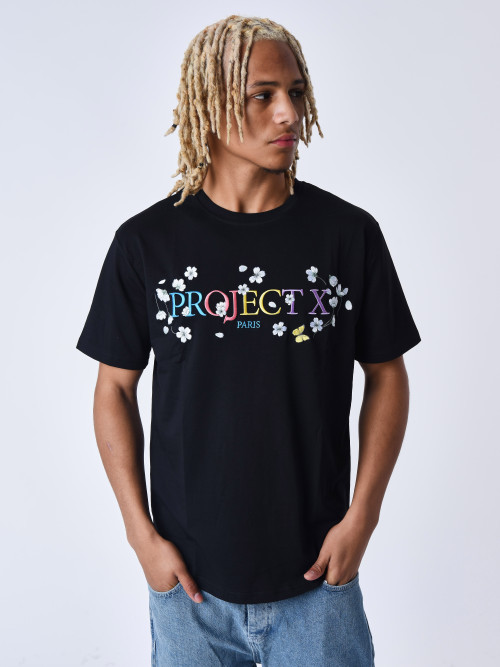 T-shirt com flores bordadas - Preto