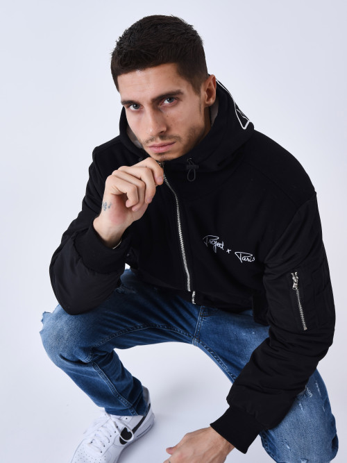 Bi-material hooded jacket with fleece lining - Black