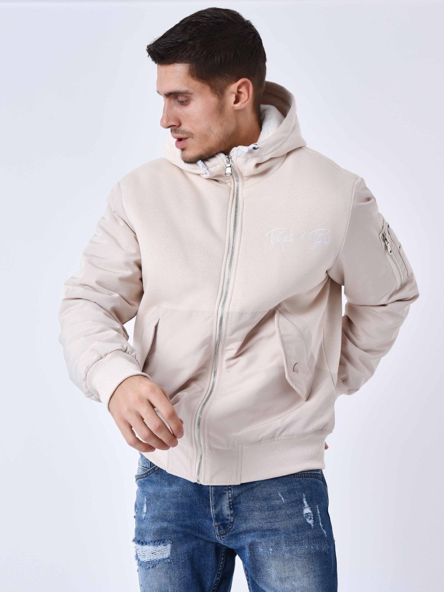 Bi-material hooded jacket with fleece lining