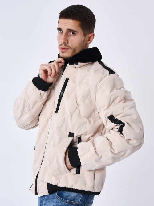Quilted jacket with fur aviator collar - Beige