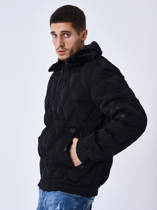 Quilted jacket with fur aviator collar - Black