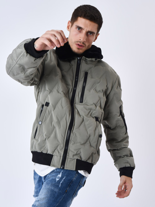 Quilted jacket with fur aviator collar - Khaki
