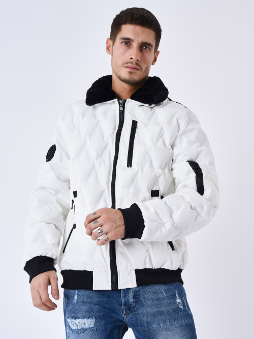 Quilted jacket with fur aviator collar - White