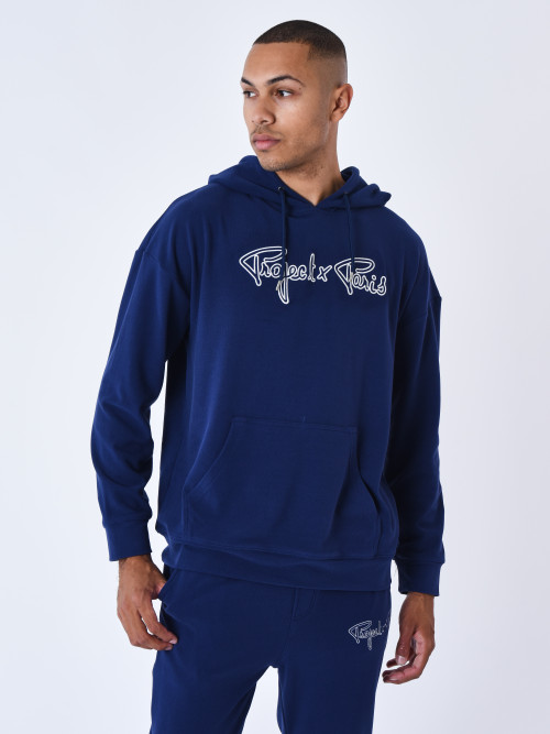 Hoodie with embroidered logo border - Midnight blue