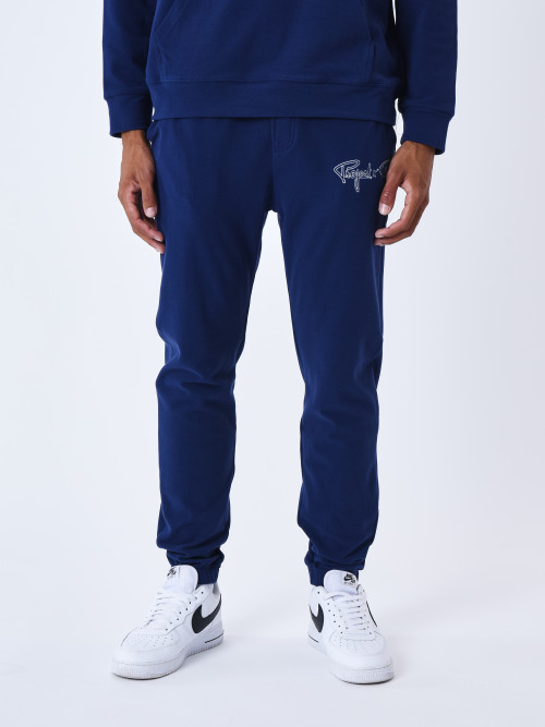 Pantaloni da jogging con bordo ricamato con logo - Blu notte