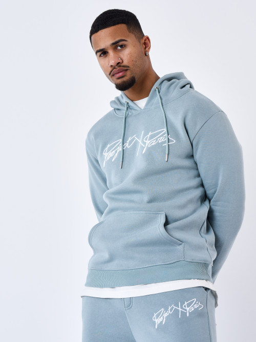Full logo embroidered hoodie - Blue green