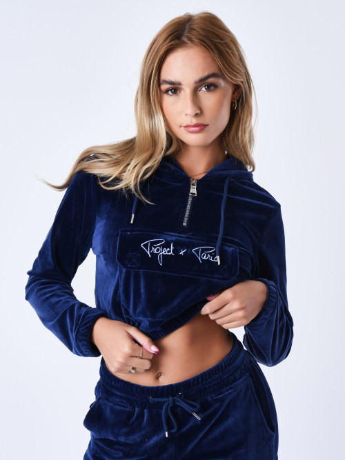 Signature short velvet hoodie - Midnight blue