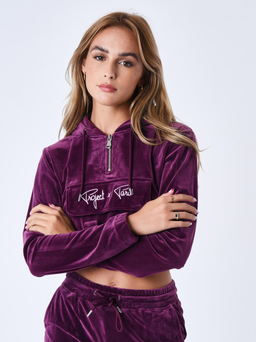 Kurzes Samt-Sweatshirt mit Kapuze Signatur - Violett