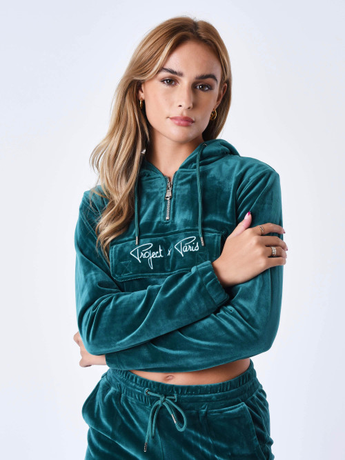 Signature short velvet hoodie - Green