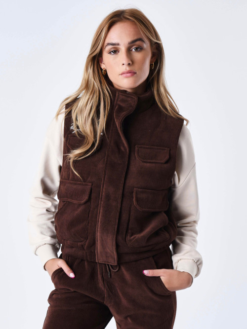 Velvet-effect quilted cardigan - Brown