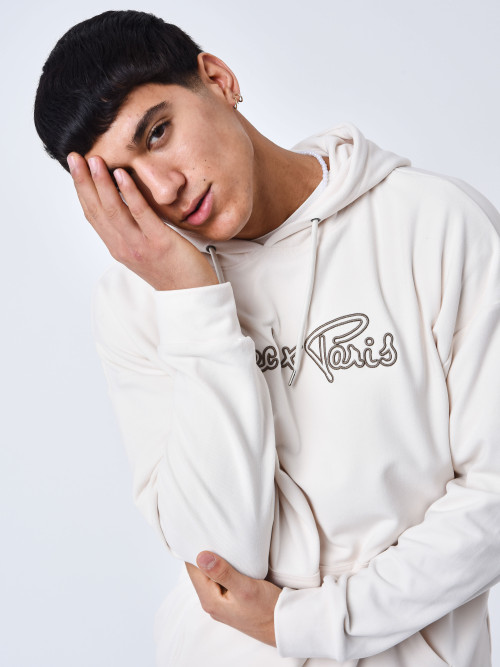 Hoodie with embroidered logo border - Beige