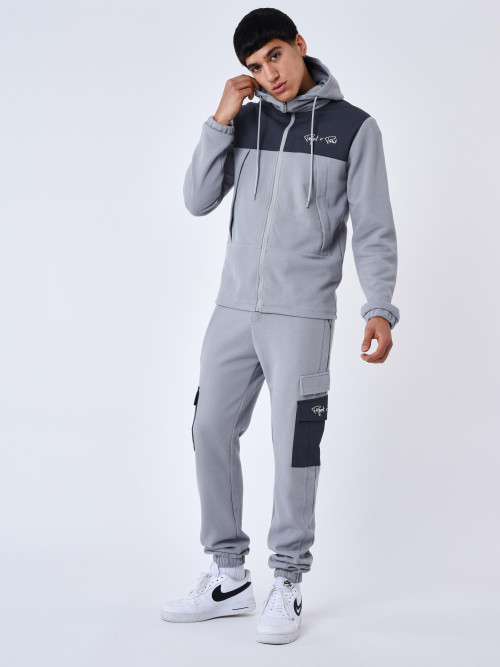 Two-material jogging pants with pockets - Light grey