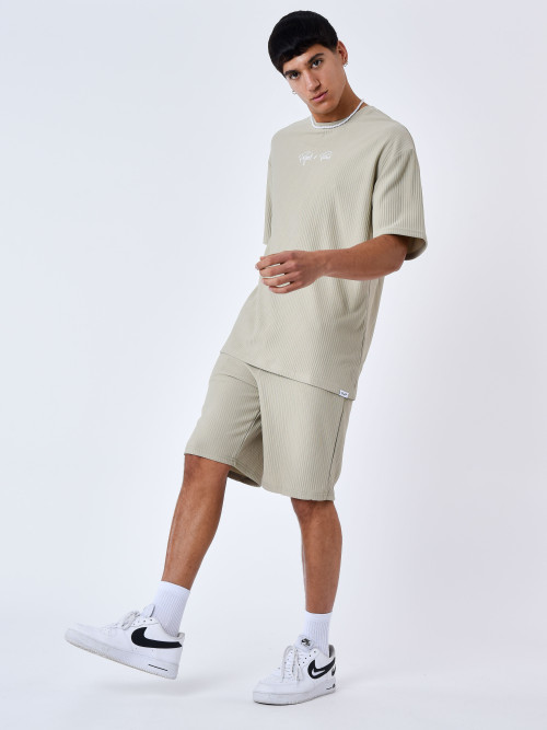 Unifarbene, texturierte Shorts - Khaki