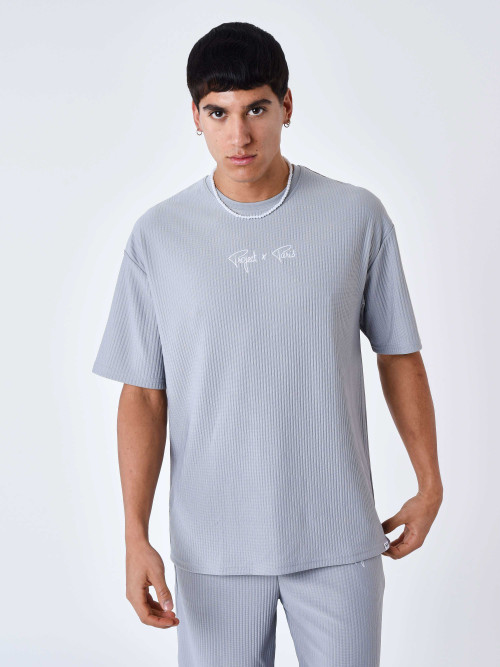 T-shirt lisa com textura - Cinzento claro