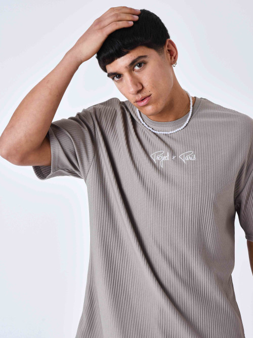 Unifarbenes, strukturiertes T-Shirt - Taupe