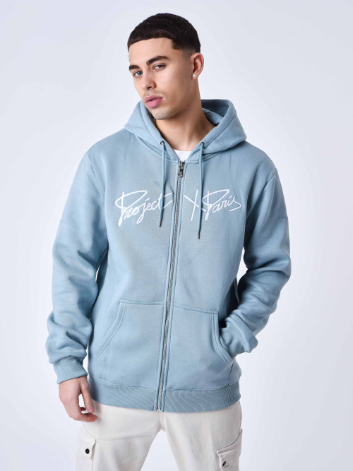 Origin embroidered zipped hooded jacket - Grey blue