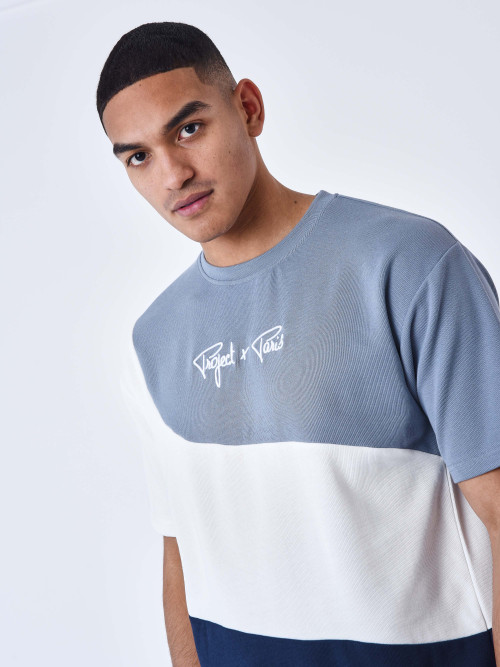 Oversized Tricolor Style Mesh tee shirt - Grey blue