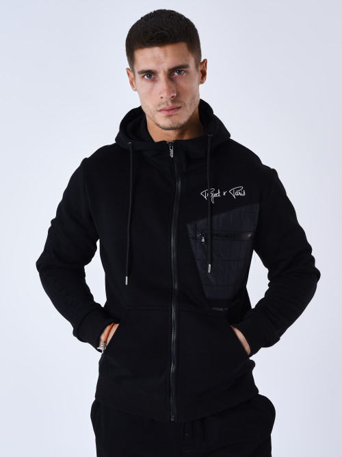 Hooded jacket with bimaterial yoke - Black