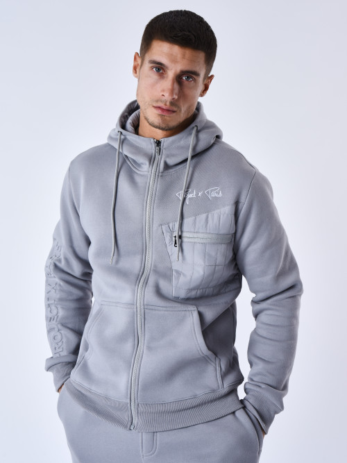 Hooded jacket with bimaterial yoke - Light grey