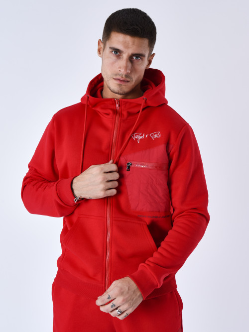 Hooded jacket with bimaterial yoke - Red