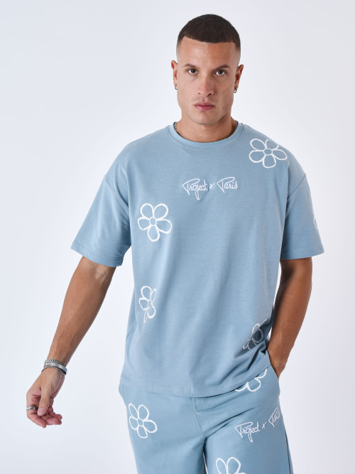 T-shirt com motivos florais - Azul cinzento