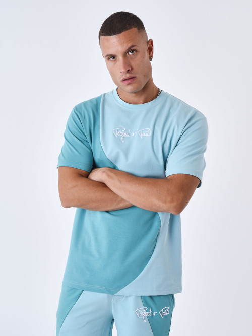 Zweifarbiges T-Shirt im Wellenstil - Türkis