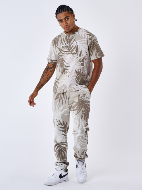 Jogging bottoms with all-over palm leaf pattern - Beige