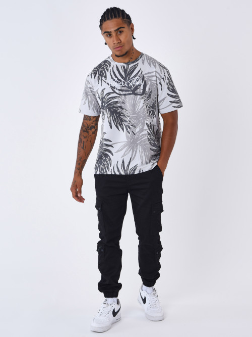 T-Shirt mit Allover-Muster Palmenblätter - Hellgrau