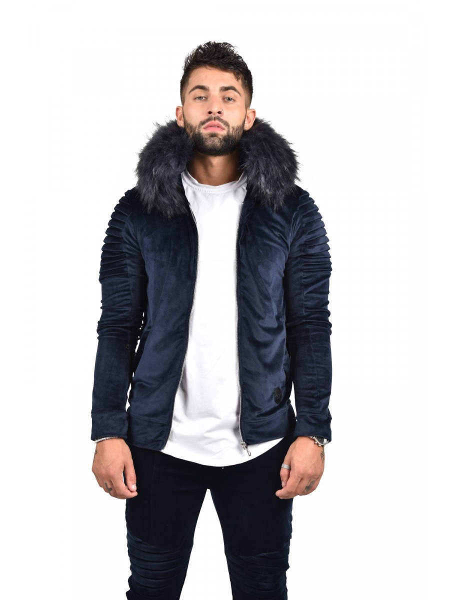 Zip-Up Velour Jacket with Faux Fur Hood