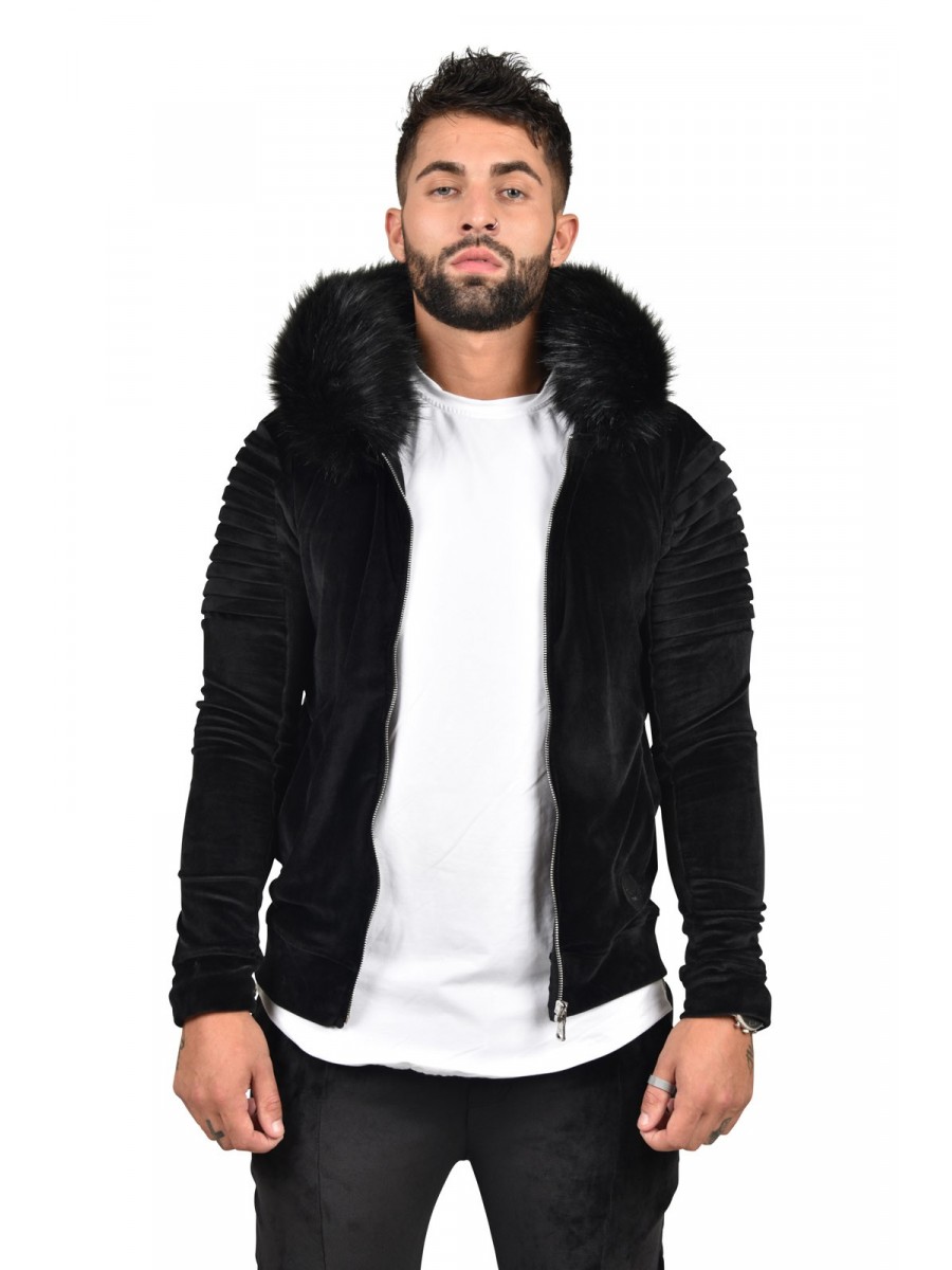 Zip-Up Velour Jacket with Faux Fur Hood
