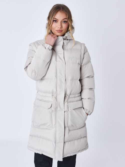 Long quilted down jacket Removable sleeves - Greige