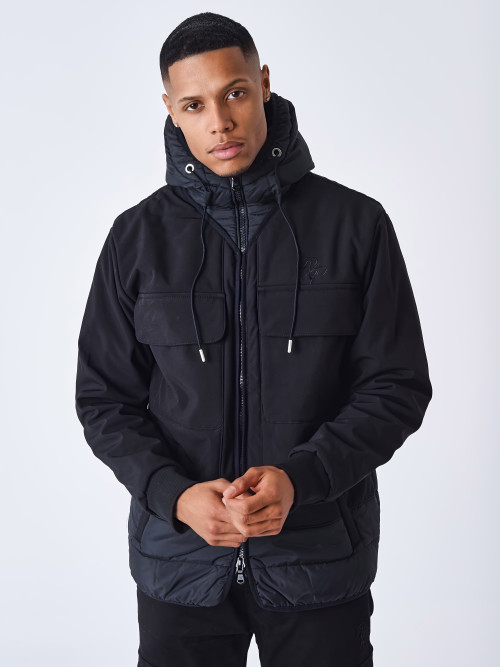 Two-material quilted coat - Black