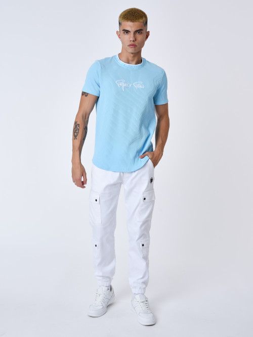 Textured embroidered T-shirt - Cyan