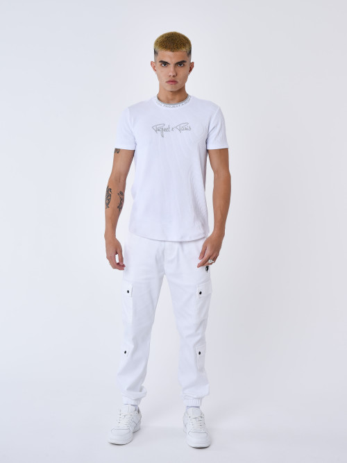Gesticktes, strukturiertes T-Shirt - Weiß