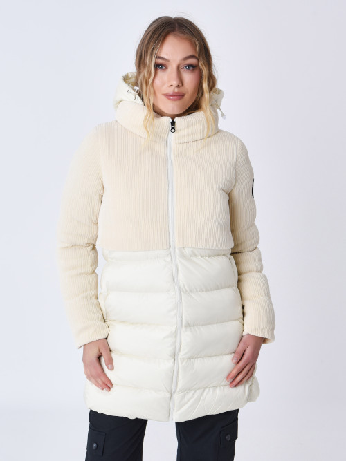 Long two-material down jacket - Beige