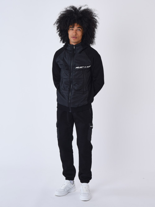 Kapuzen-Sweatshirt mit Reißverschluss und Zwei-Material-Einsatz - Schwarz