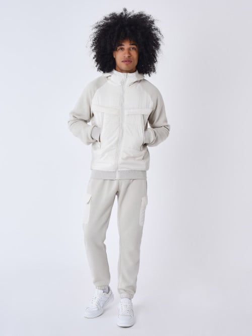 Zip-up hoodie with bimaterial yoke - Greige