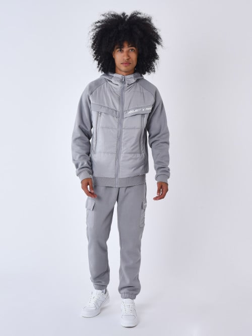 Zip-up hoodie with bimaterial yoke - Light grey