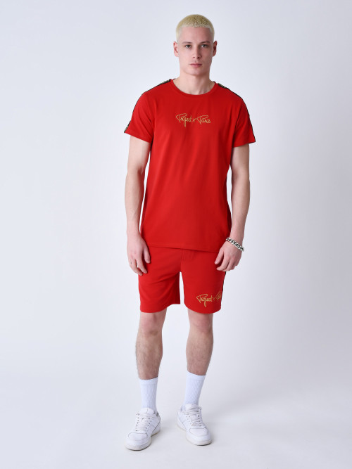 T-shirt clássica Riscas bordadas nos ombros - Vermelho