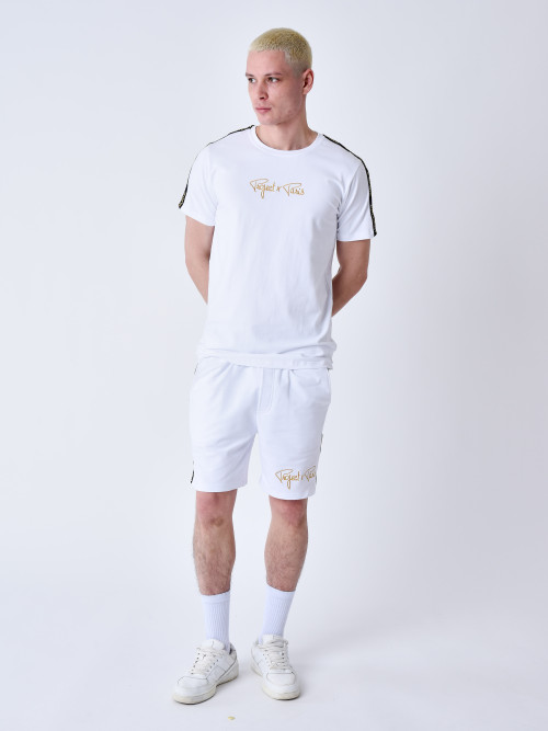 Klassisches T-Shirt Gestickte Streifen Schulter - Weiß