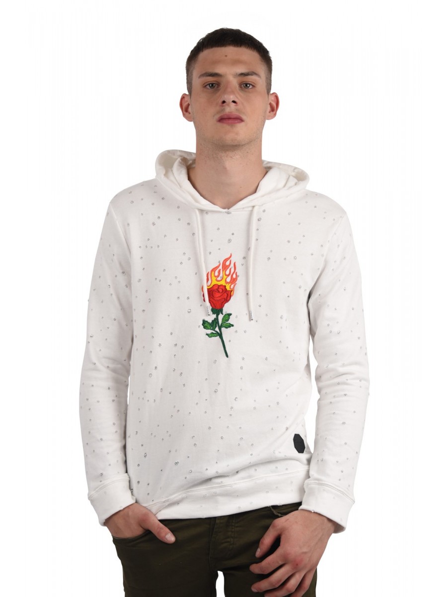 Distressed Hoodie with Patch Rose on Fire